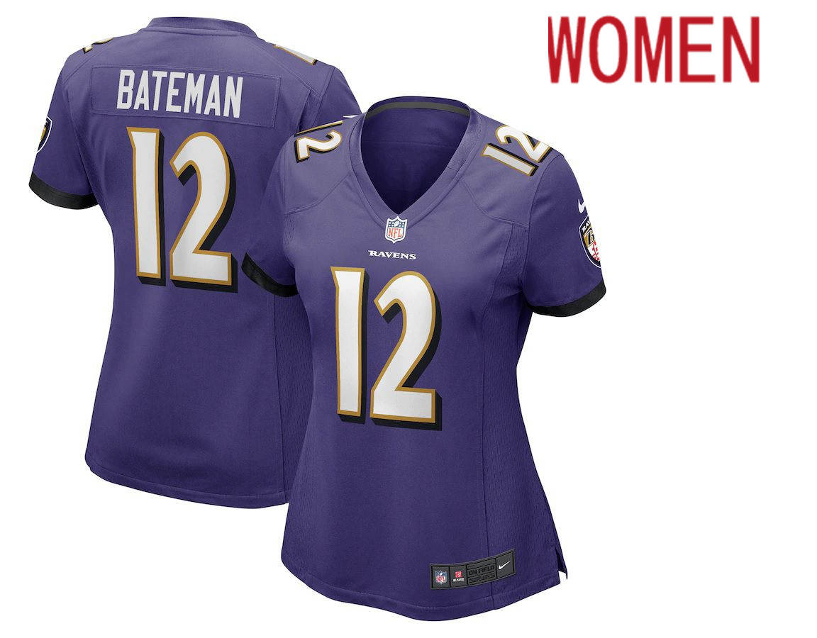 Women Baltimore Ravens #12 Rashod Bateman Nike Purple Game NFL Jersey->women nfl jersey->Women Jersey
